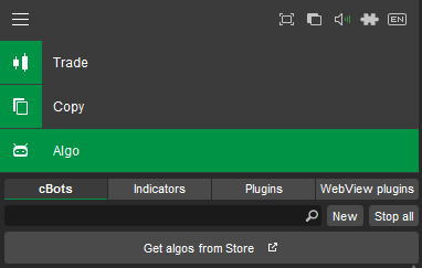 cTrader Automate - cBots selected and New button
